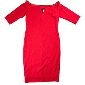 Fashionista off shoulder midi pencil dress size 2 red mid sleeve hand wash